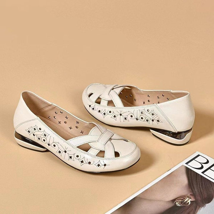 Women's Leather Loafers Block Heel Slip On Shoes