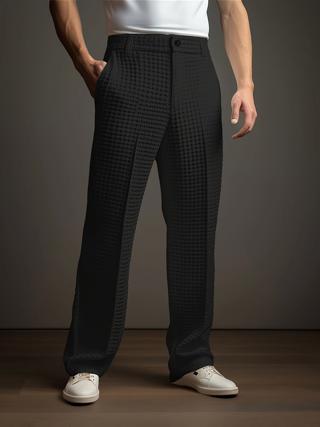 Pantalon habillé plissé pour homme, en maille gaufrée et coupe ajustée