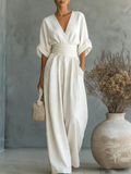 Women’s Linen Blend V-Neck Wide-Leg Jumpsuit