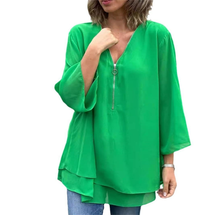 Women's Chiffon V Neck Layered Tunic Blouse Loose Fit Top