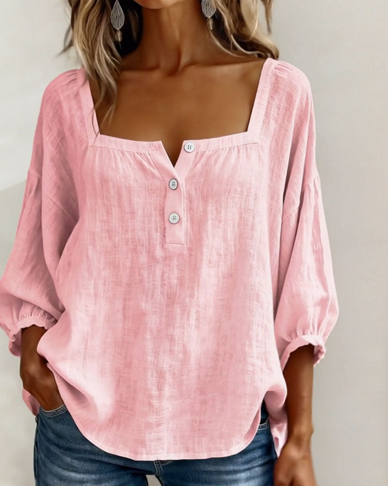 Women's Linen Blouse Square Neck Long Sleeve Casual Top Shirt