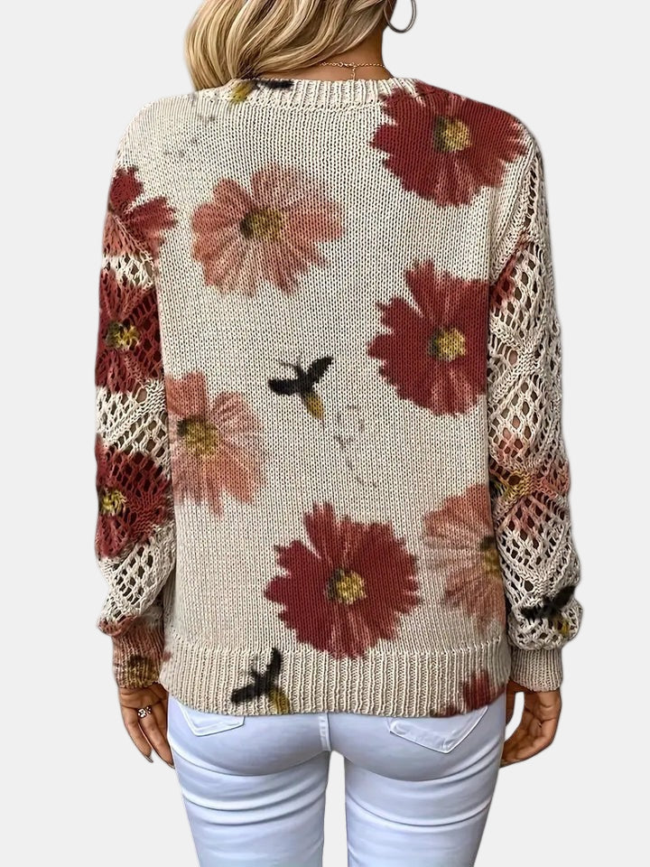 Women's Long Sleeve Knit V-Neck Floral Sweater Jumper