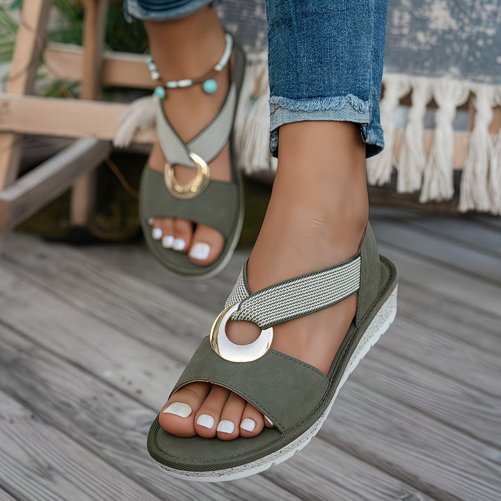Women Leather Flat Sandals Elastic Slingback Open Toe Casual Shoes