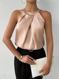 Women's Satin Halter Neck Pleated Sleeveless Blouse Top