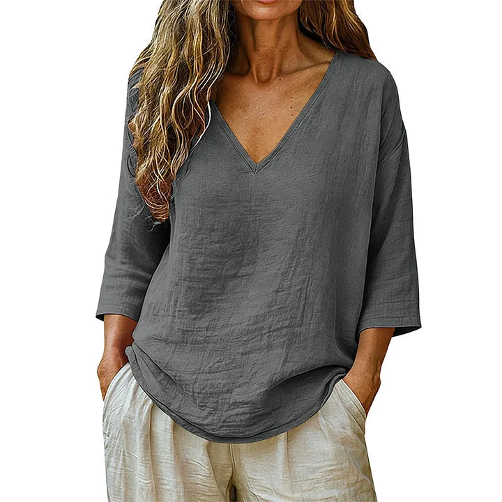 Women's V-Neck Linen Blouse Long Sleeve Top