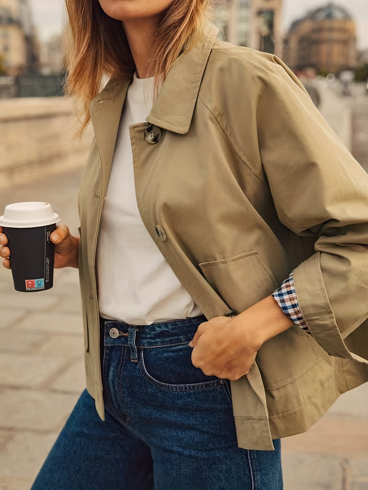 Trench court boutonné à revers pour femme, en nylon mélangé, coupe cropped