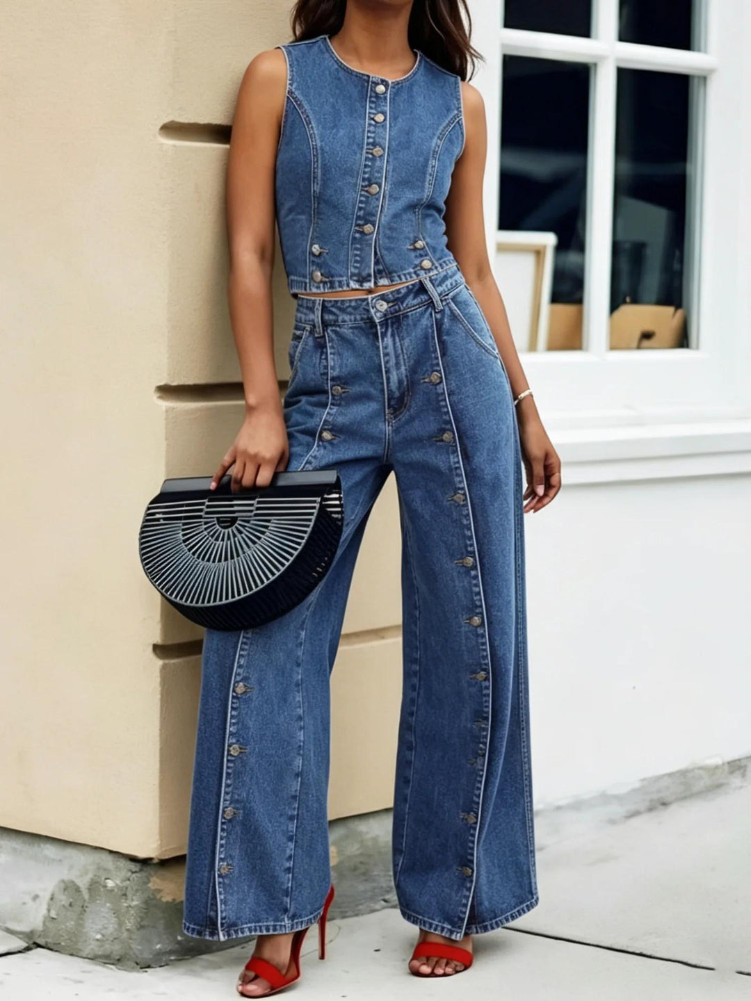 Women's Denim Two Piece Set Sleeveless Top and Wide Leg Jean Pants