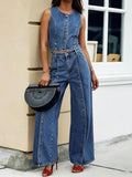 Women's Denim Two Piece Set Sleeveless Top and Wide Leg Jean Pants