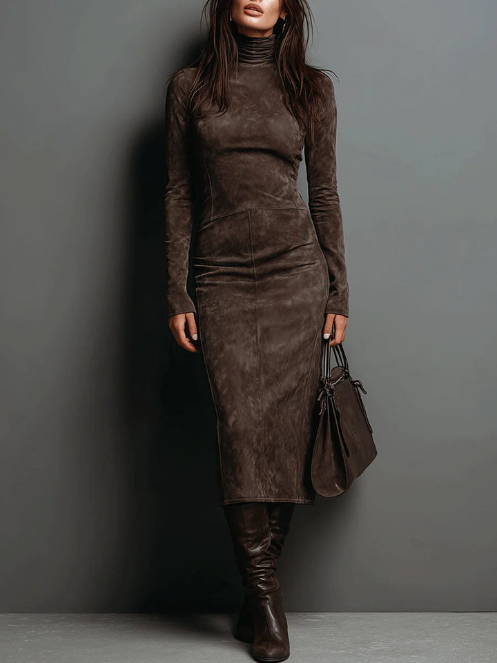 Women's Suede Turtleneck Ruched Long Sleeve Fitted Midi Dress