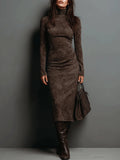 Women's Suede Turtleneck Ruched Long Sleeve Fitted Midi Dress