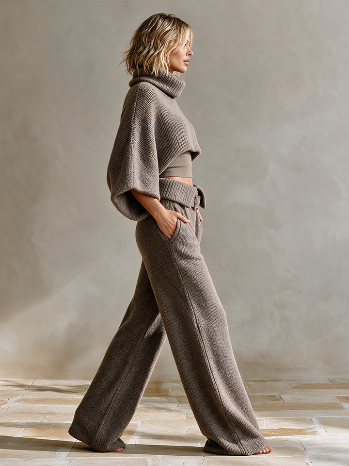 Women's Knit Two-Piece Set Cropped Sweater Wide Leg Trousers