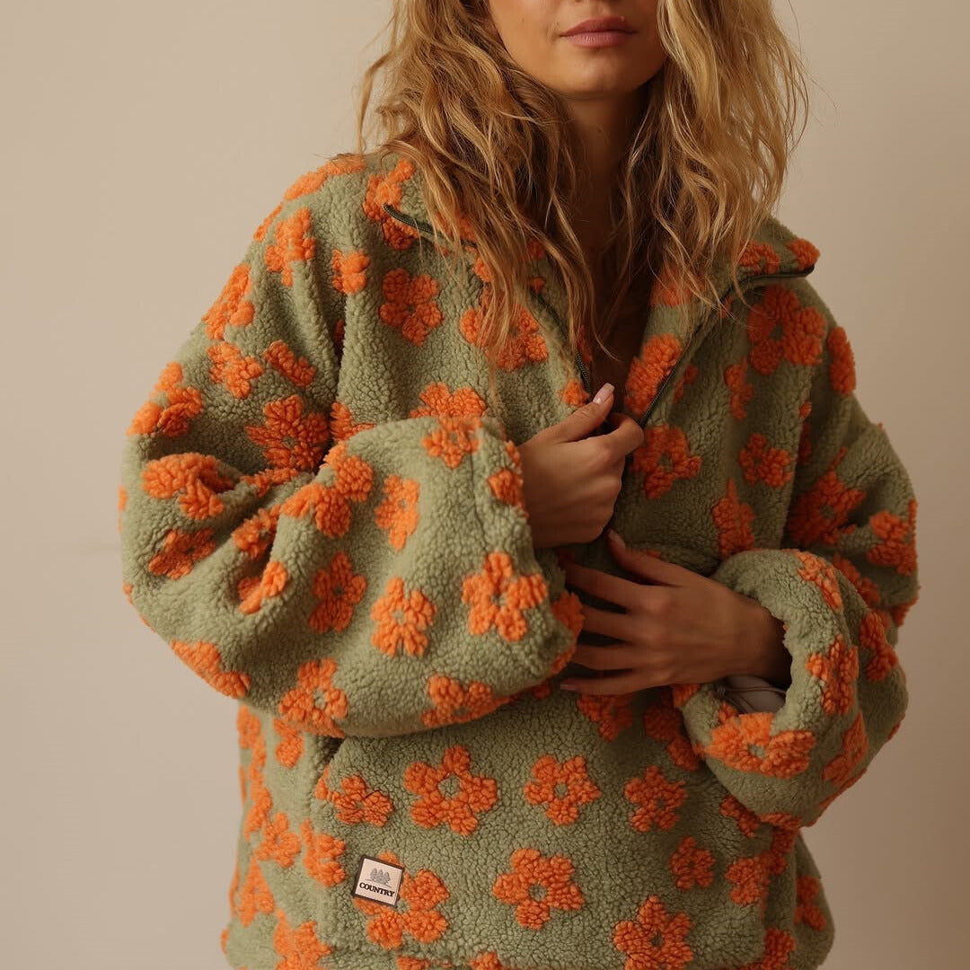 Women Fleece Floral Quarter Zip Pullover Hoodie