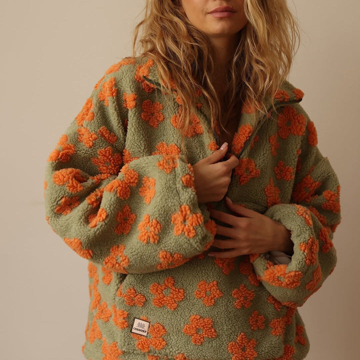 Women Fleece Floral Quarter Zip Pullover Hoodie