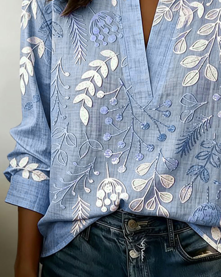 Women's Floral Print Linen V-Neck Long Sleeve Blouse