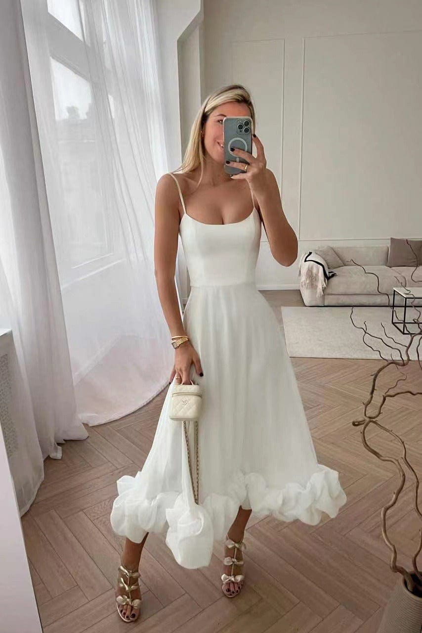 Women's Satin Spaghetti Strap Ruffle Hem Maxi Dress