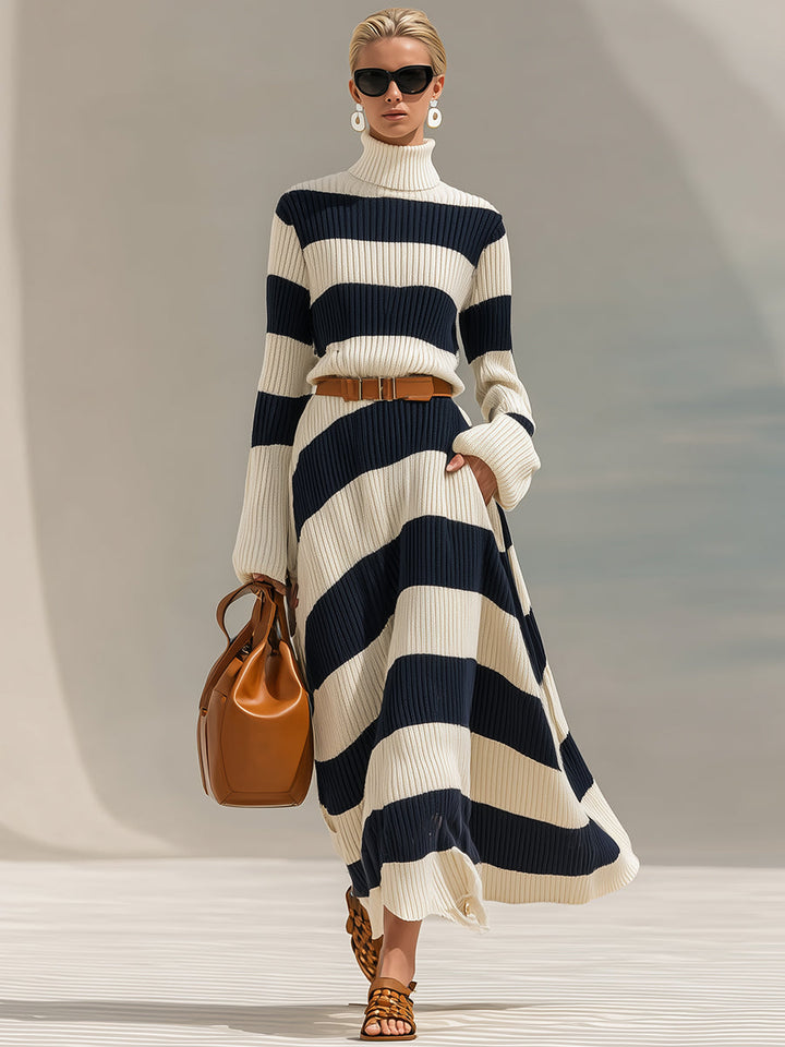 Women’s Striped High-Neck Belted Knit Maxi Dress
