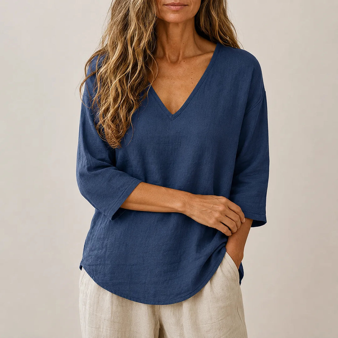 Women's Linen Oversized V-Neck T-Shirt Loose Casual Half-Sleeve Top