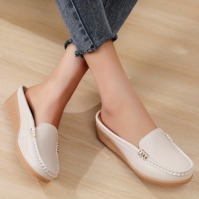 Women's Leather Mules Wedge Loafers Slip On Shoes