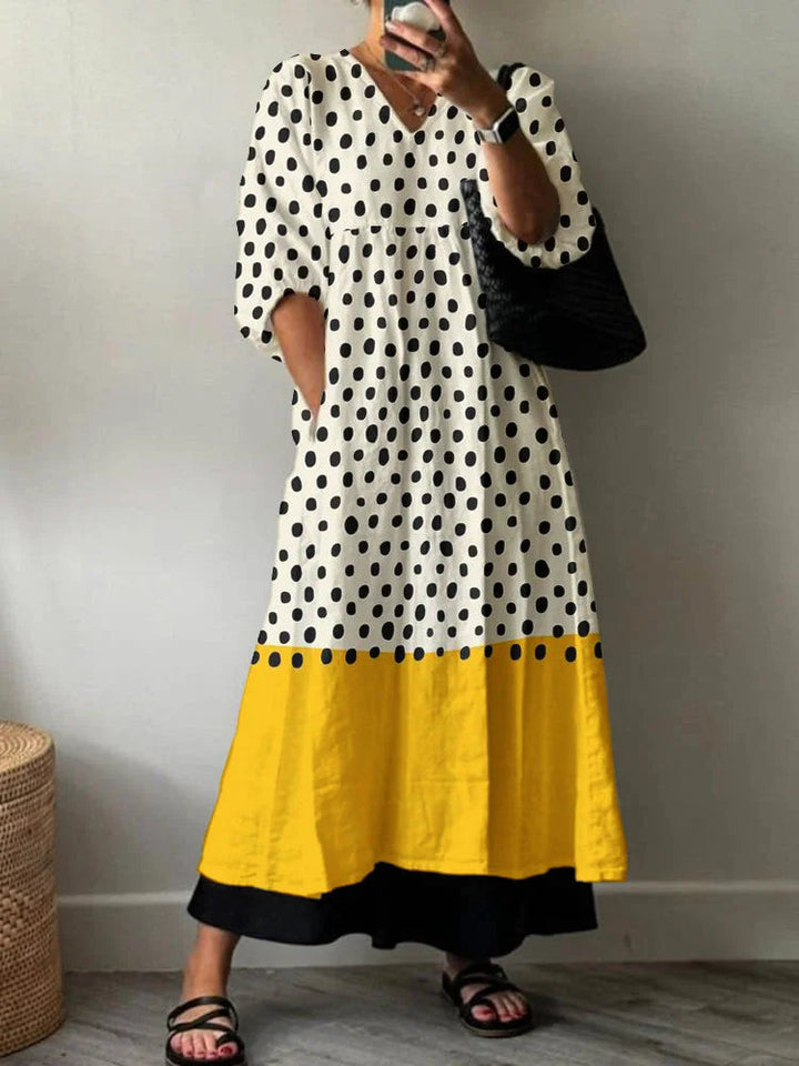 Women's Maxi Dress Printed Linen V-Neck Long Sleeve Casual Kaftan