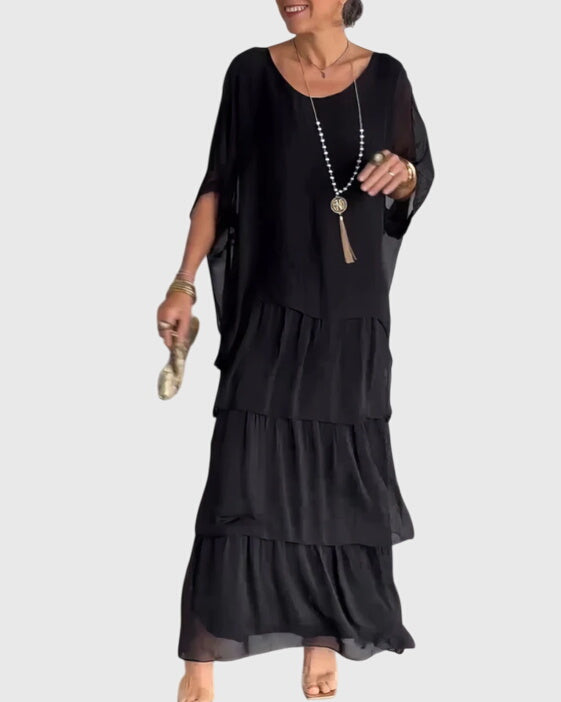 Women's Linen Look Flowing Elegant Maxi Dress Long Tiered Gown