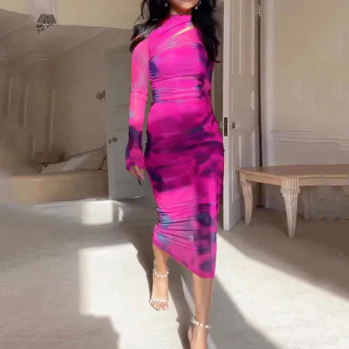 Women's High Neck Long Sleeve Mesh Bodycon Midi Dress