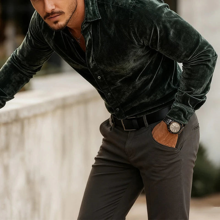 Men's Tailored Long-Sleeve Velvet Button-Up Dress Shirt
