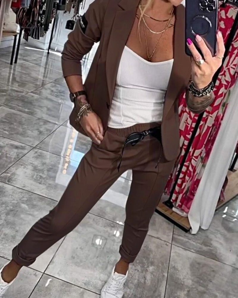 Linen 3-Piece Suit Women Blazer Camisole and Trousers Set