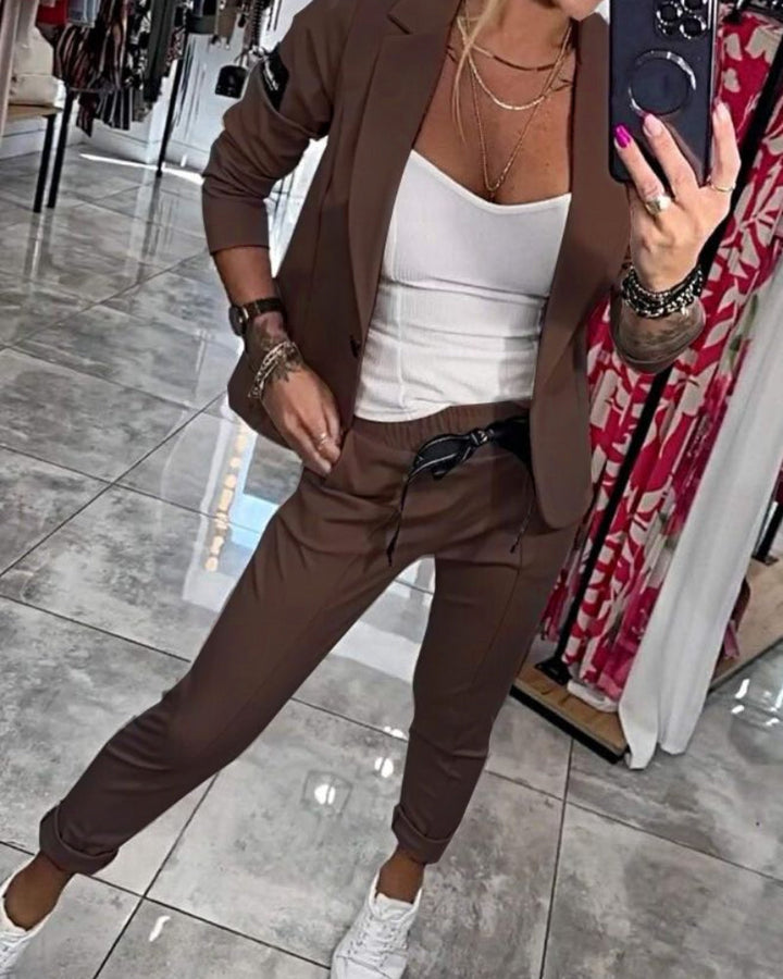 Linen 3-Piece Suit Women Blazer Camisole and Trousers Set