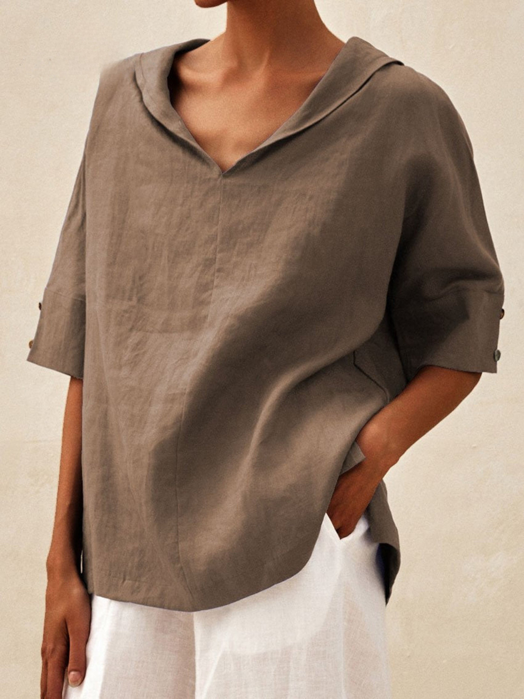Women's Linen Blouse V-Neck Casual Loose Tunic Top