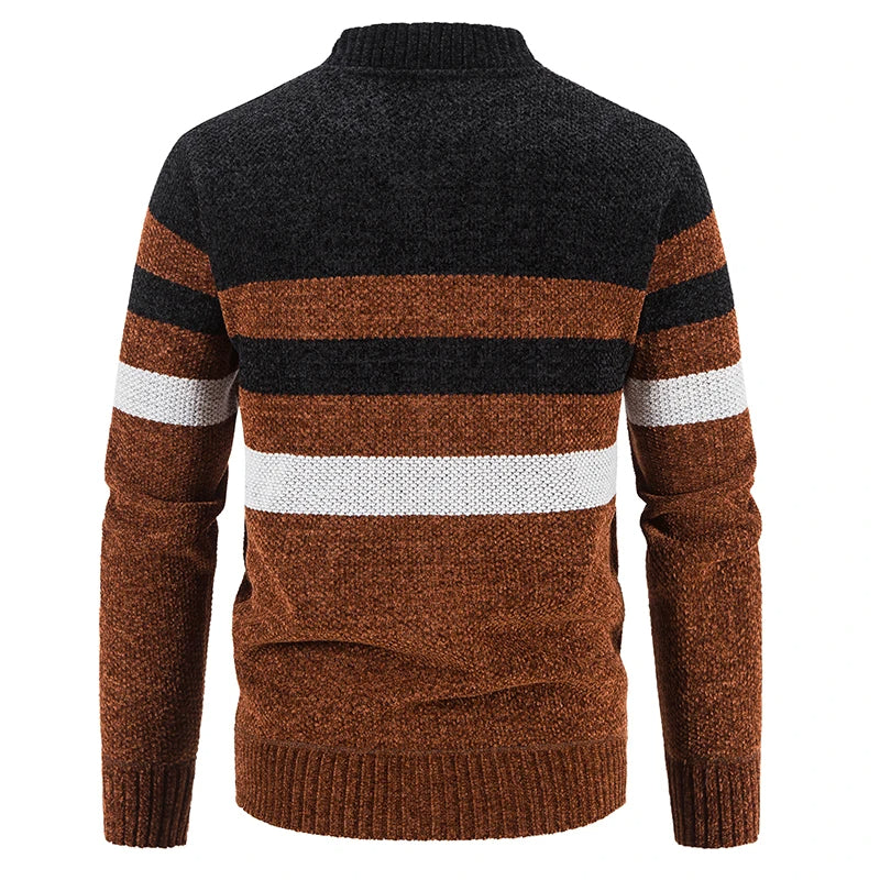 Men's Merino Wool Knit Cardigan Striped Zipper Sweater