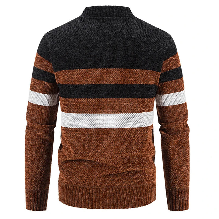 Men's Merino Wool Knit Cardigan Striped Zipper Sweater