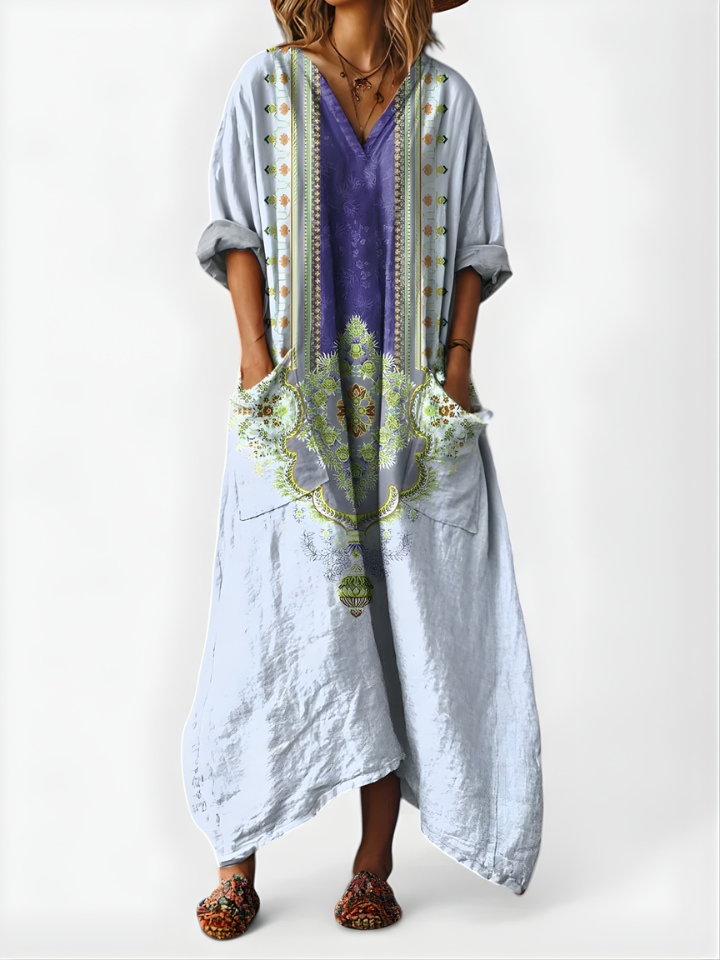 Women’s Linen Kaftan Boho Maxi Dress Floral Embroidered V Neck Relaxed Tunic
