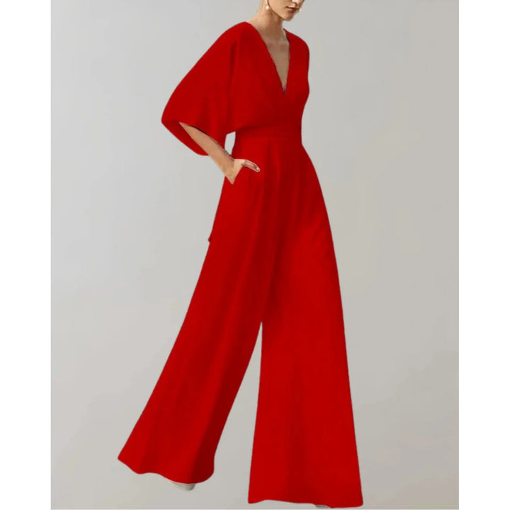 Women's Elegant V-Neck Satin Wide Leg Jumpsuit