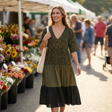 Women's Linen Blend V Neck Boho Tiered Midi Dress