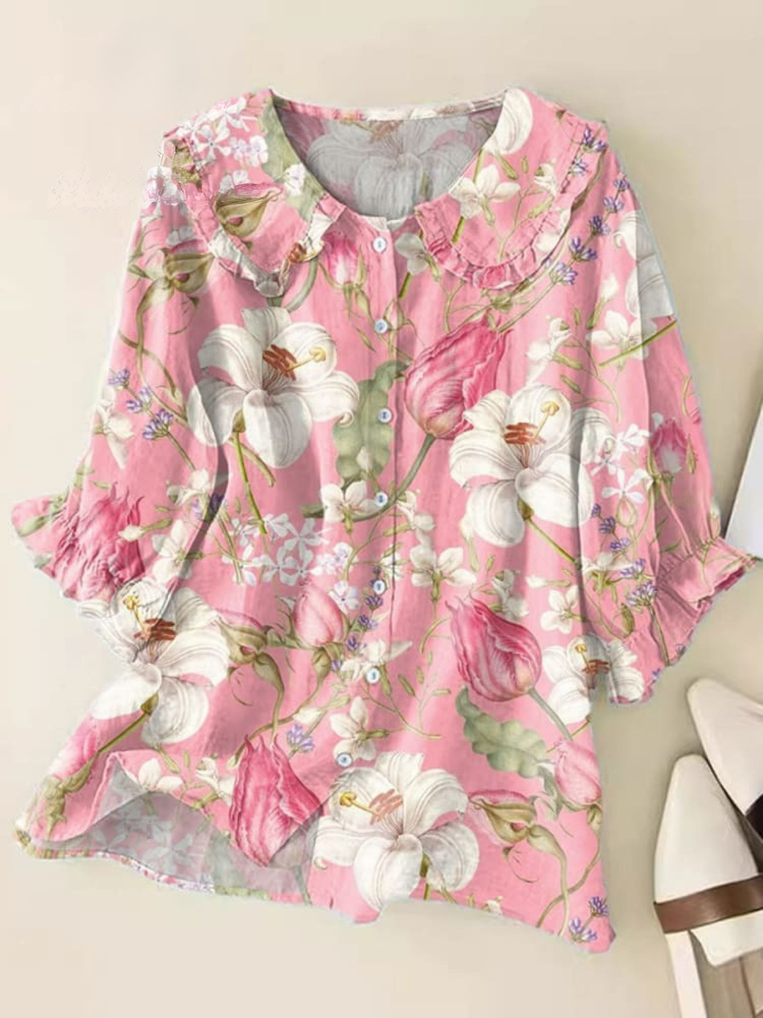 Women Linen Floral Shirt Pants Maxi Dress