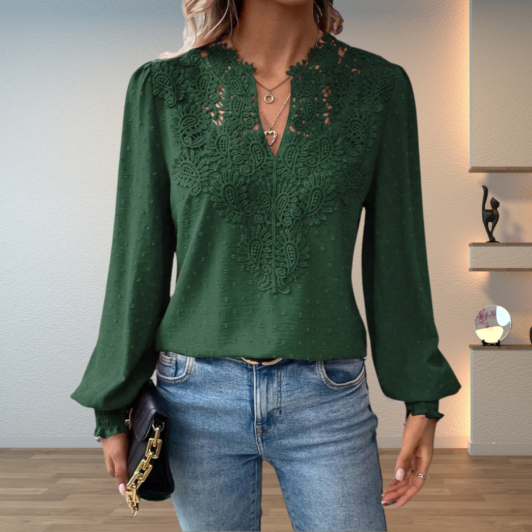 Women's Lace V-Neck Long Sleeve Chiffon Top