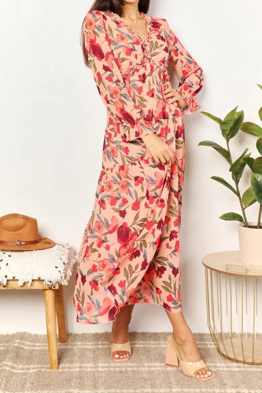 Women's Chiffon Floral V Neck Long Sleeve Maxi Dress