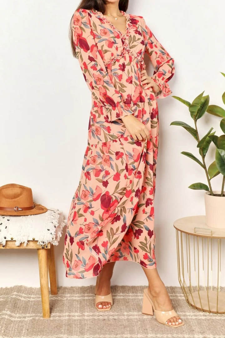 Women's Chiffon Floral V Neck Long Sleeve Maxi Dress