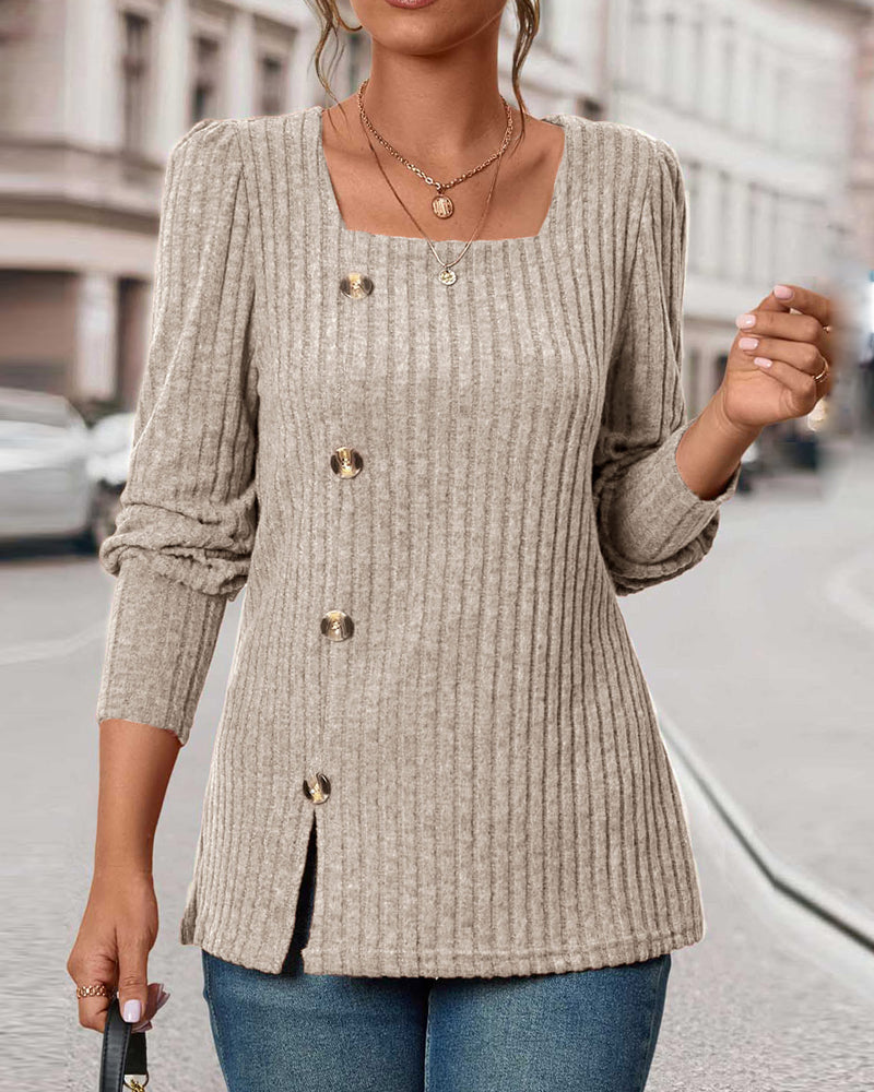 Women's Jumper Ribbed Knit Square Neck Long Sleeve Top