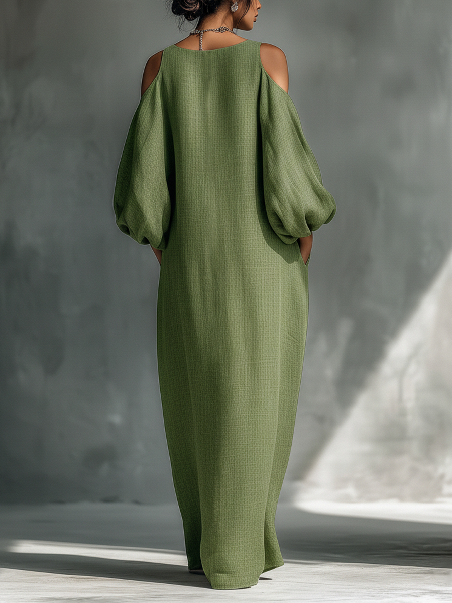Women's Linen Cold Shoulder Balloon Sleeve Maxi Dress
