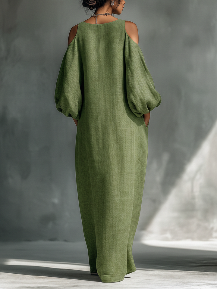 Women's Linen Cold Shoulder Balloon Sleeve Maxi Dress