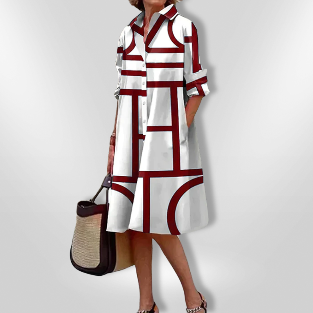 Women's Linen Shirt Dress Geometric Print Midi A-Line Casual Dress