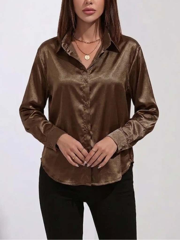 Women's Satin Long Sleeve Button Down Shirt Office Blouse
