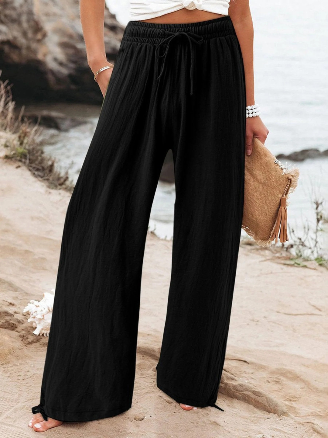 Women's Linen Wide Leg Trousers High Waisted Drawstring Palazzo Pants