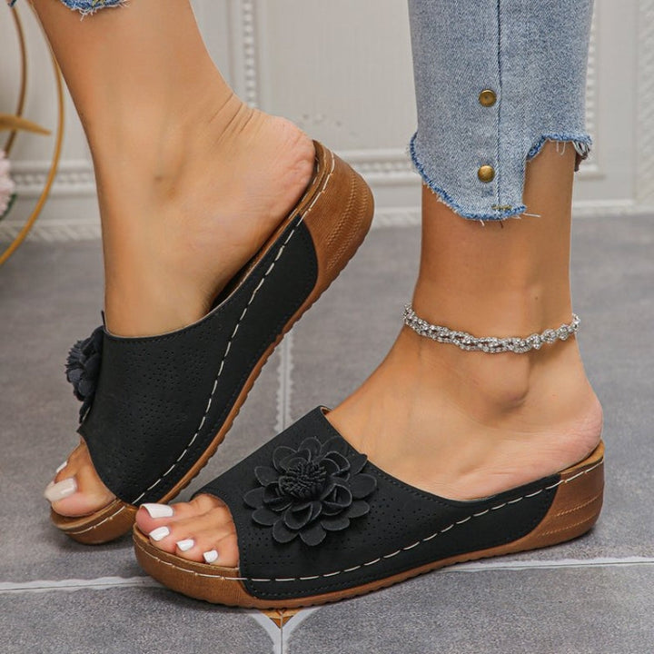 Women's Leather Wedge Sandals Open Toe Platform Mules