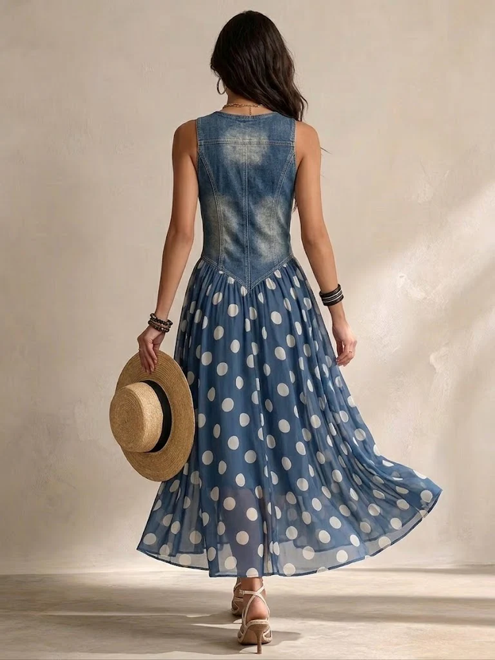 Damska sukienka maxi z denimu w kropki, szyfonowa sukienka midi na lato