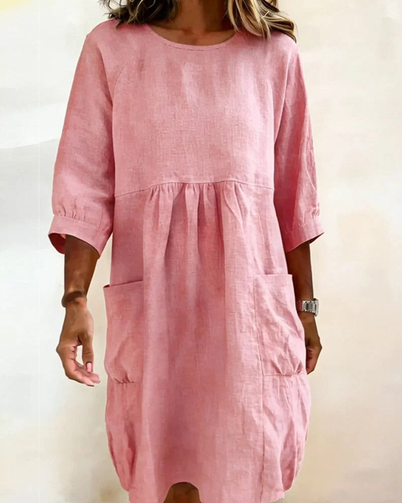 Women's Linen Crewneck Pocket Gathered Loose Dress