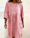 Women's Linen Crewneck Pocket Gathered Loose Dress