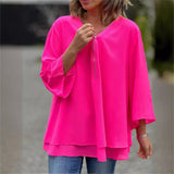Women's Chiffon V Neck Layered Tunic Blouse Loose Fit Top