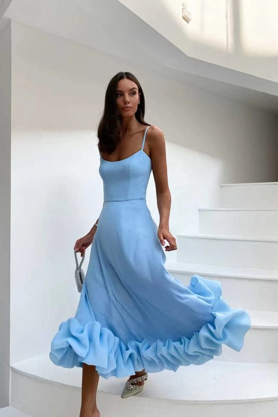 Women's Satin Spaghetti Strap Ruffle Hem Maxi Dress